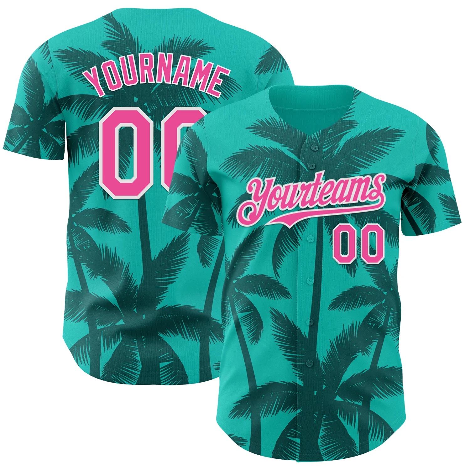 Custom Aqua Pink Teal-White Tropical Hawaii Palm Trees Authentic Baseball Jersey