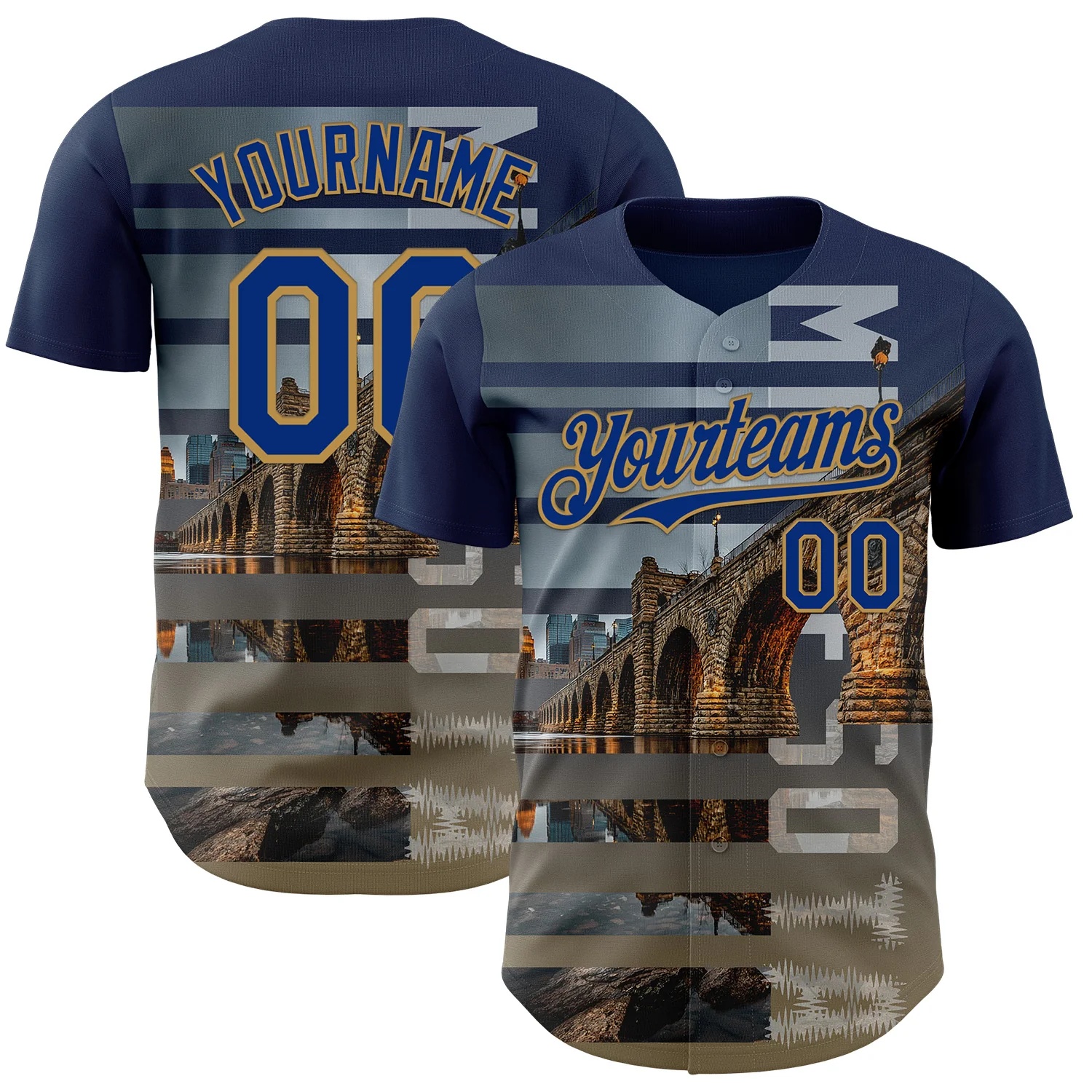 Custom Blue Royal Gray-Old Gold Minnesota Stone Bridge Landmark City Symbol Authentic Baseball Jersey