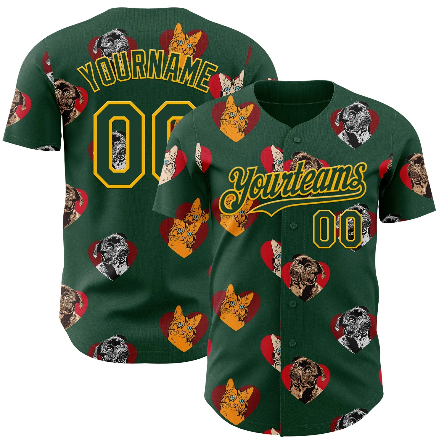 Custom Green Yellow Valentine's Day Love Heart Authentic Baseball Jersey