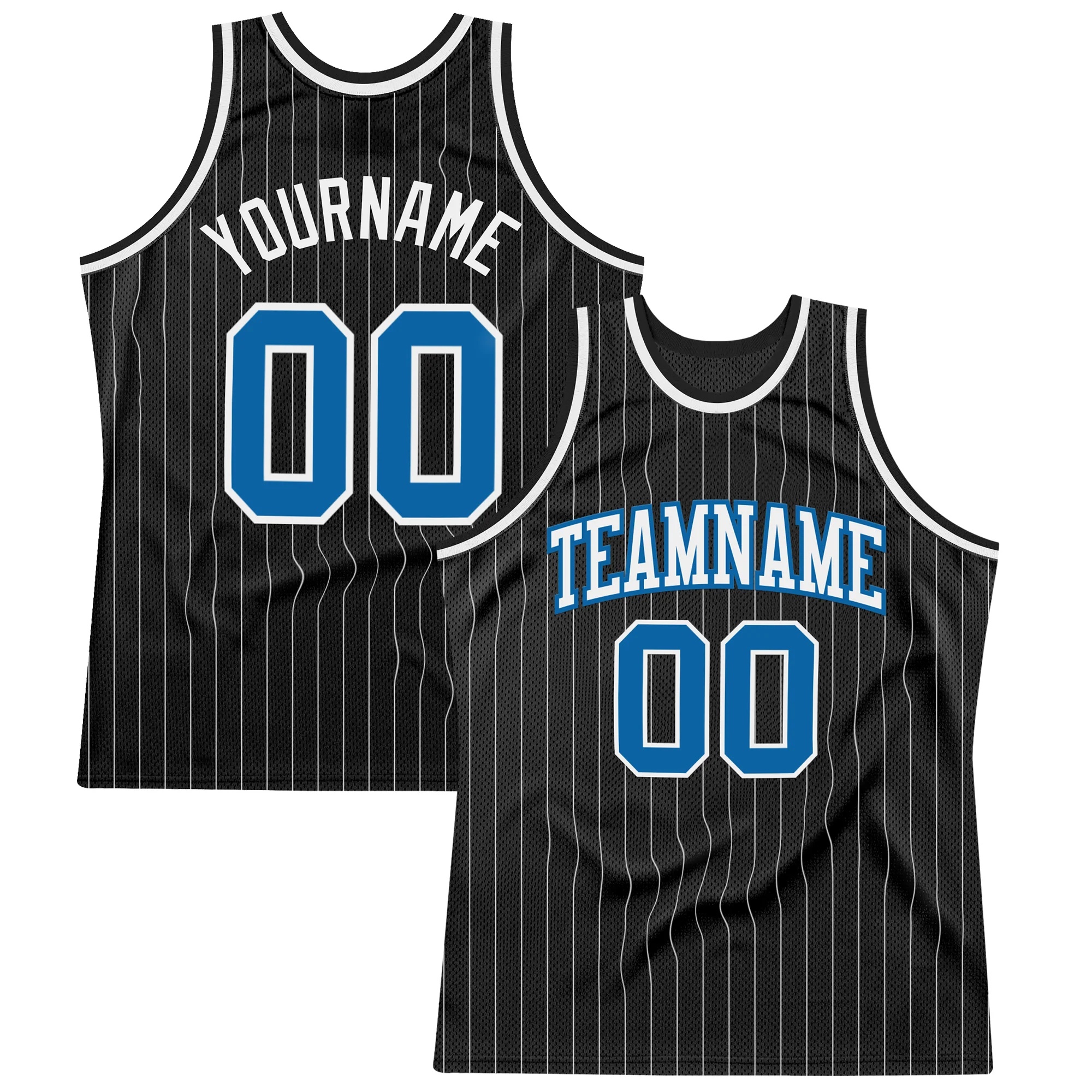 Custom Black White Pinstripe Blue Authentic Basketball Jersey
