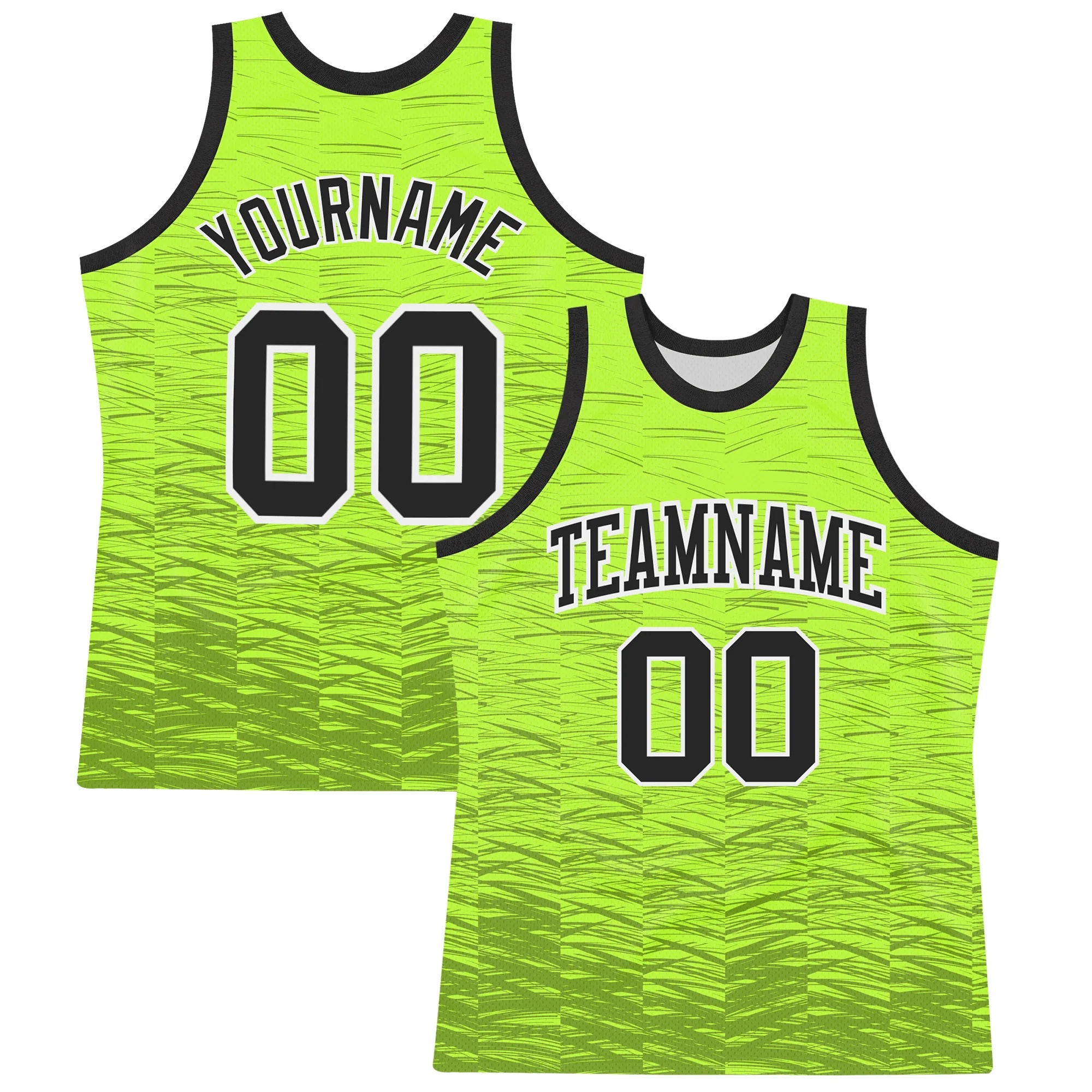 Custom Neon Green Black-White Line Round Neck Sublimation Basketball Suit Jersey