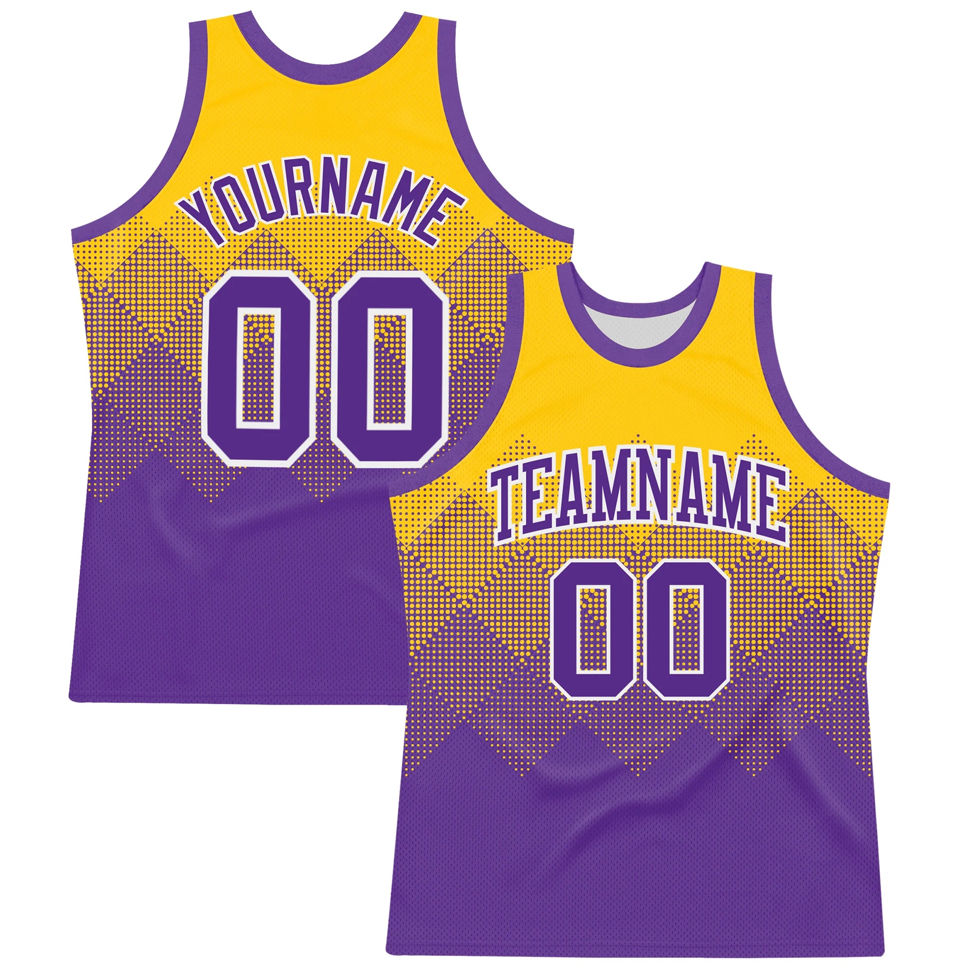 Custom Yellow Purple-White Gradient Square Shapes Round Neck Sublimation Basketball Suit Jersey
