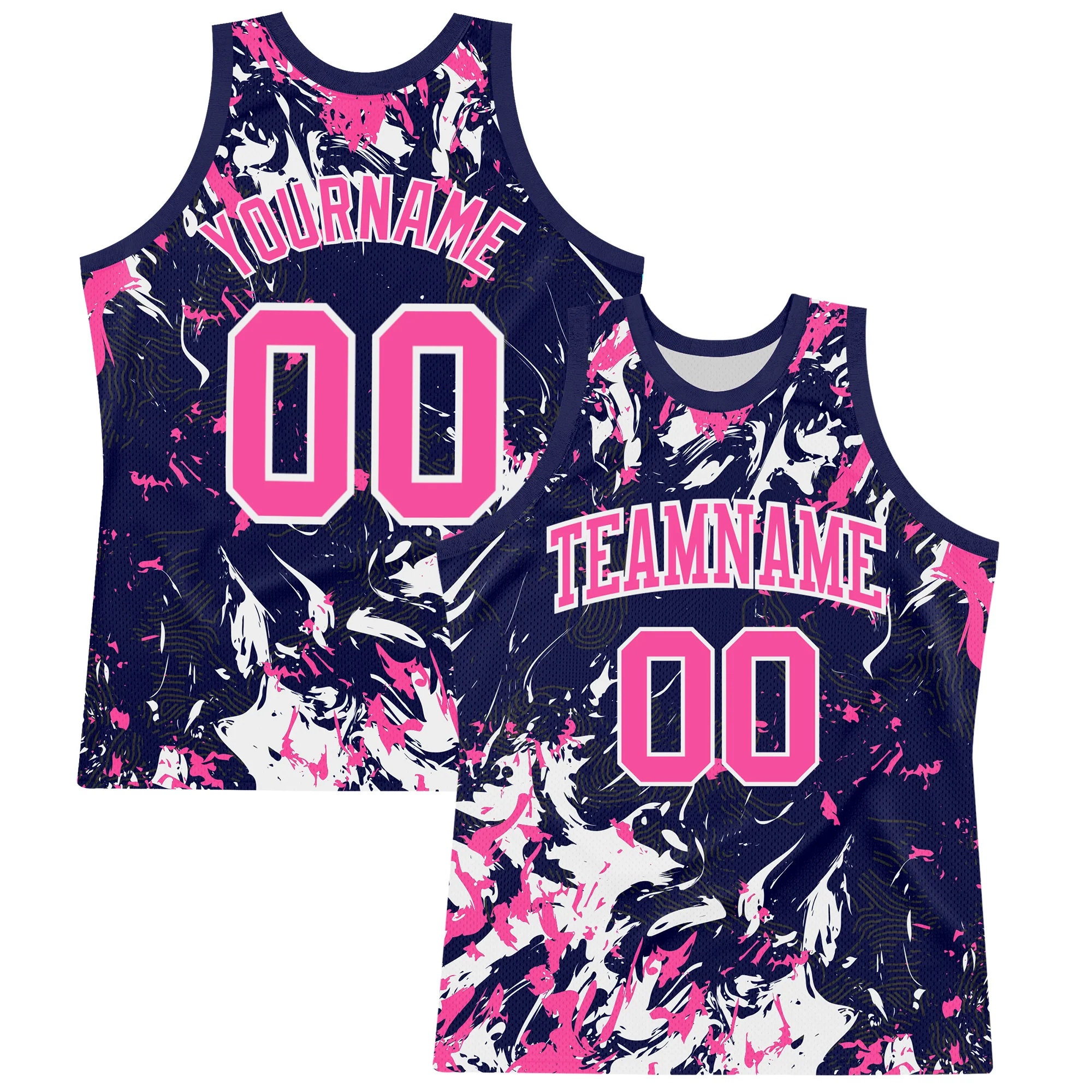 Custom Navy Pink-White Fluid Art Round Neck Sublimation Basketball Suit Jersey