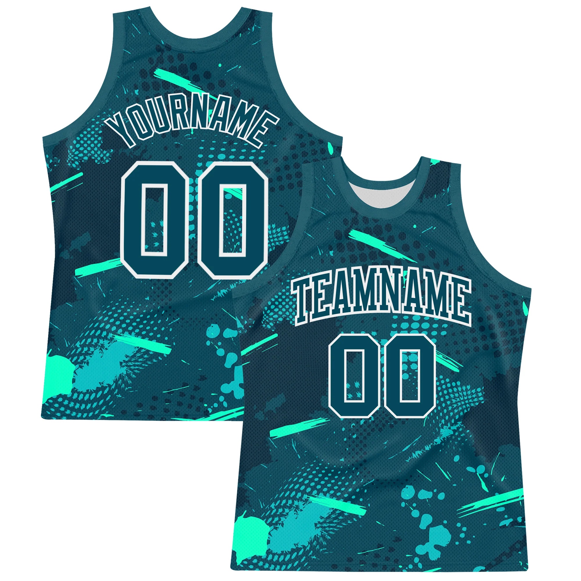 Custom Green Aqua-White Splash Round Neck Sublimation Basketball Suit Jersey