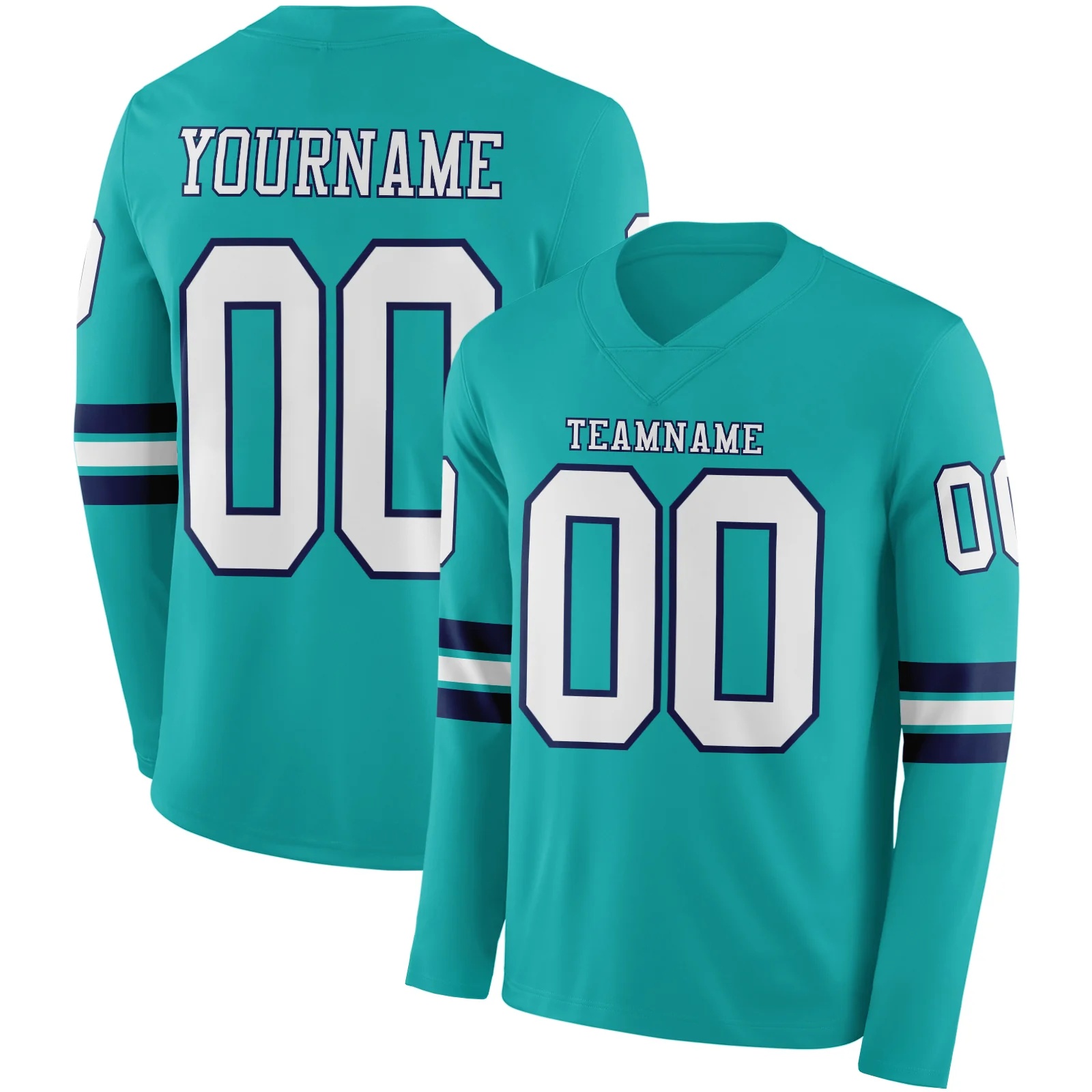 Custom Aqua White-Navy Long Sleeve Authentic Football Jersey