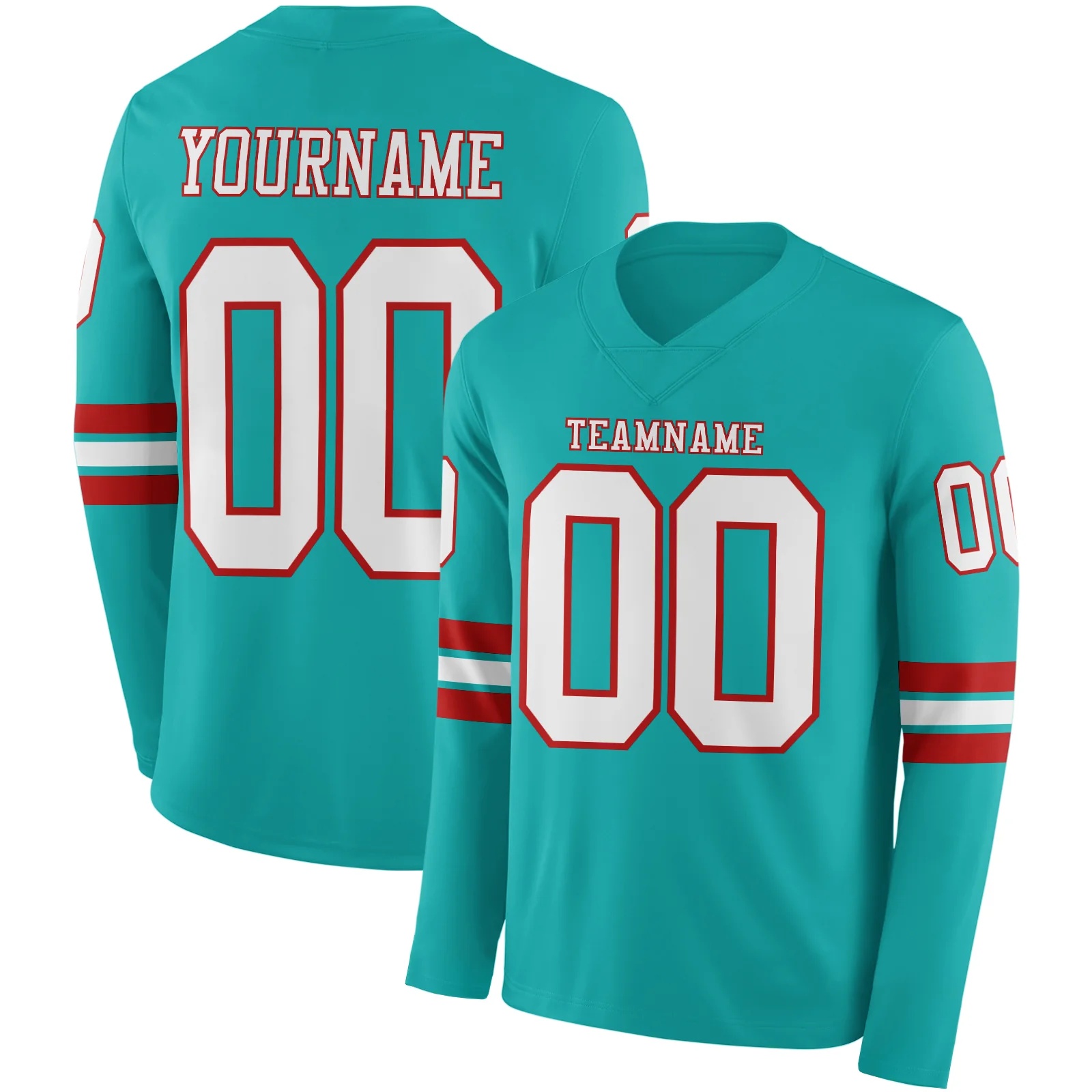 Custom Aqua White-Red Long Sleeve Authentic Football Jersey