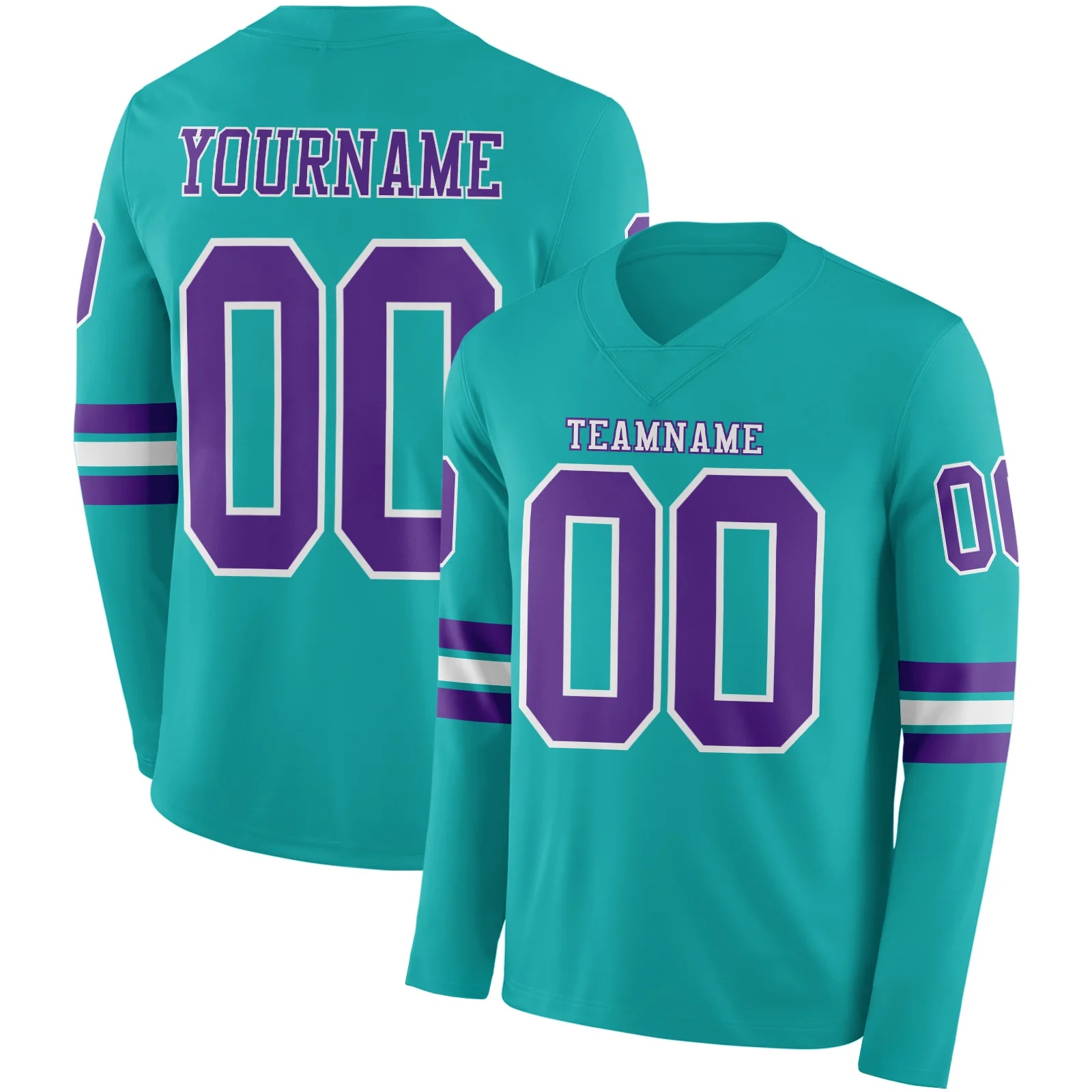 Custom Aqua Purple-White Long Sleeve Authentic Football Jersey