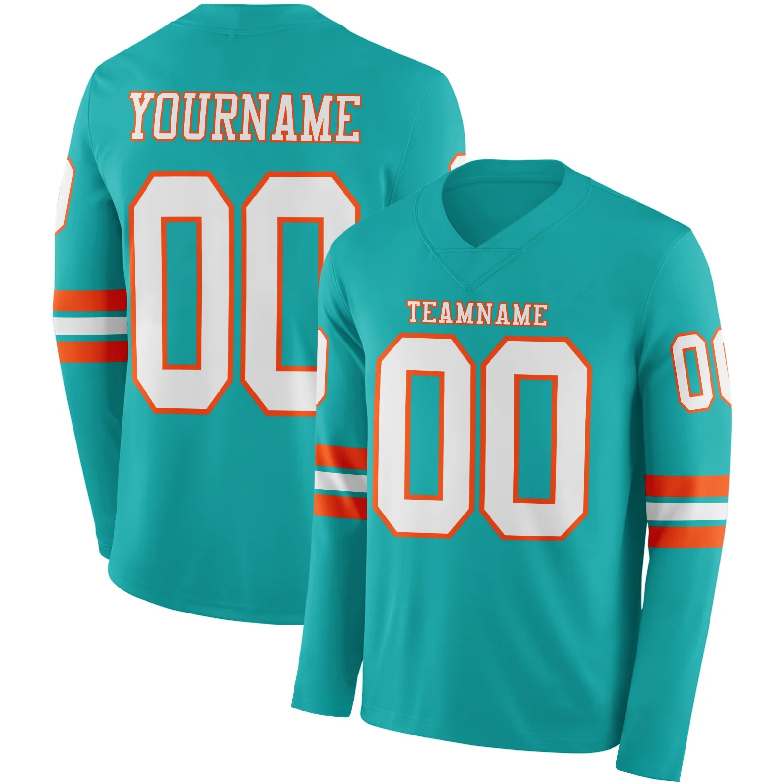 Custom Aqua White-Orange Long Sleeve Authentic Football Jersey