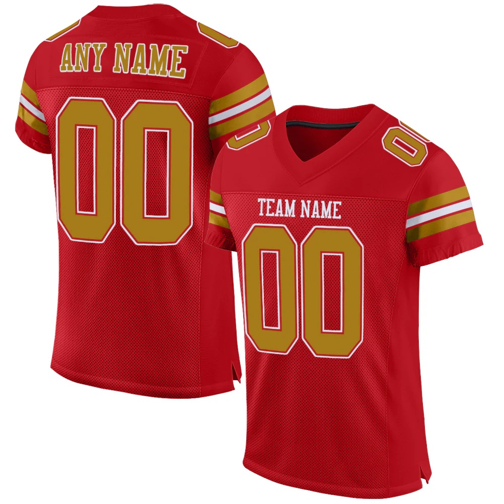 Custom Red Old Gold-White Mesh Authentic Football Jersey