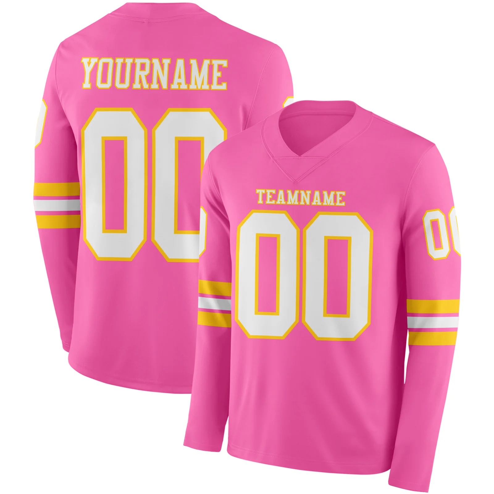 Custom Pink White-Yellow Long Sleeve Authentic Football Jersey