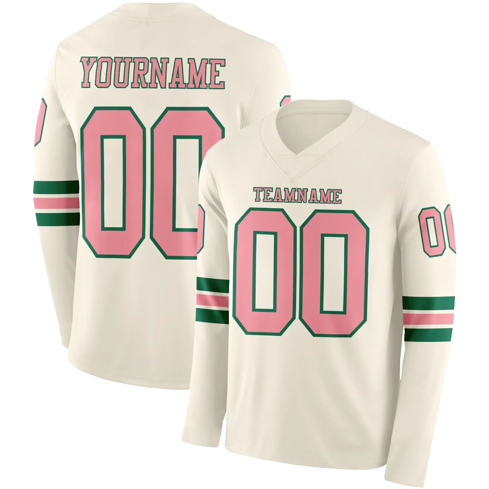 Custom Cream Medium Pink-Kelly Green Long Sleeve Authentic Football Jersey